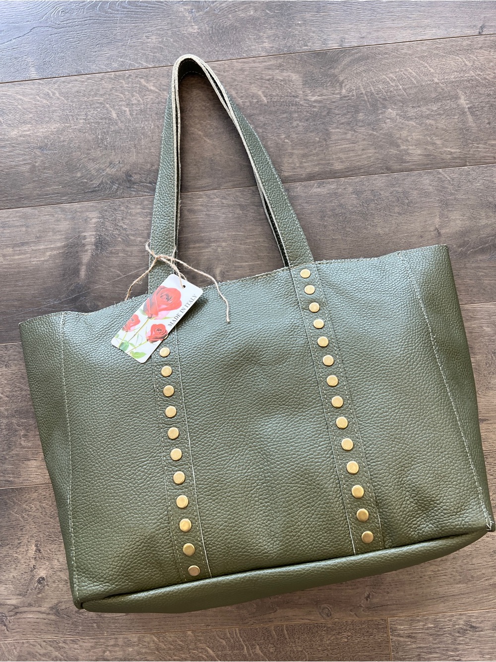 Olive Green Pebbled Tote with Gold Stud Accents